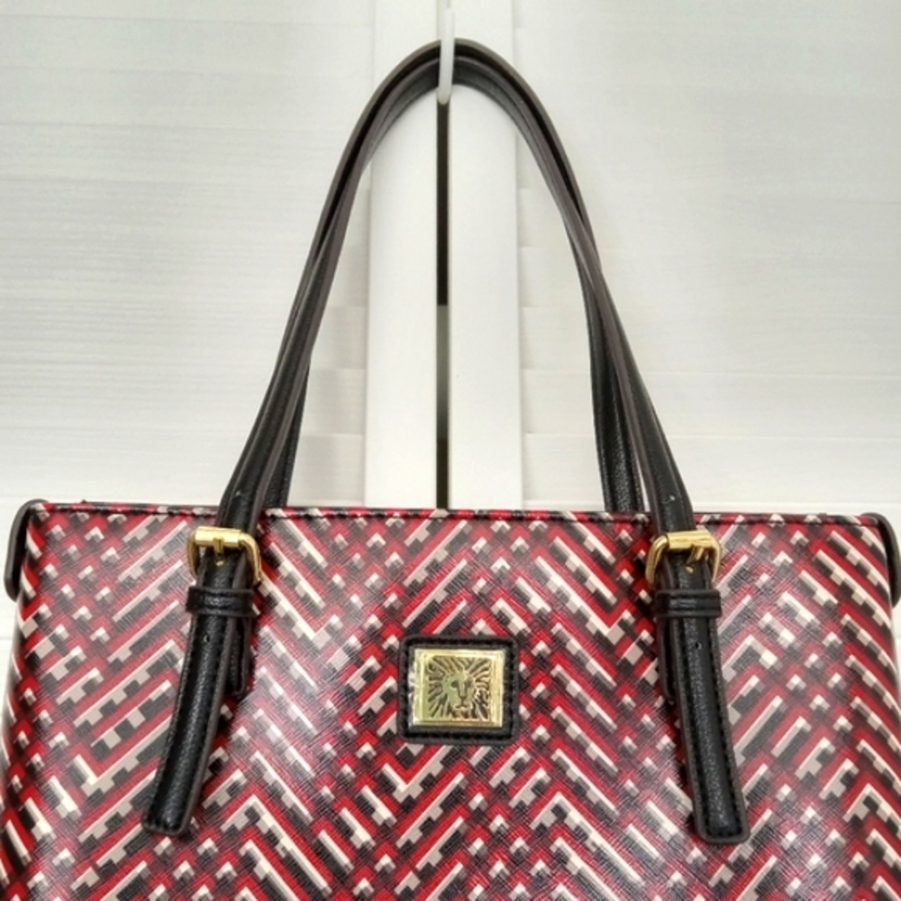 ANNE KLEIN Faux Leather Red Black White Lattice Pattern Tote Shoulderbag - Picture 3 of 14